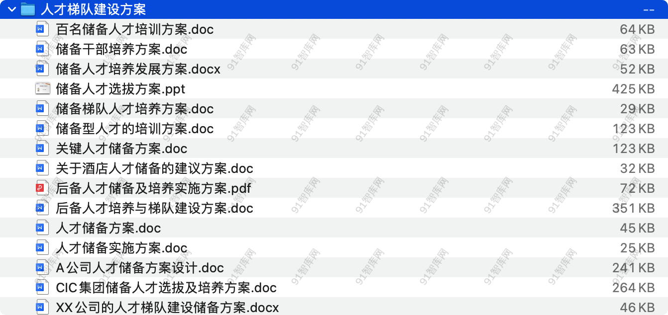 人才梯队建设方案，共15份文档资料 [ 1.86MB ]-91智库网