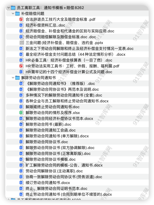 资源汇总目录：员工离职工具：通知书模板+赔偿8262，共32份文档资料-91智库网